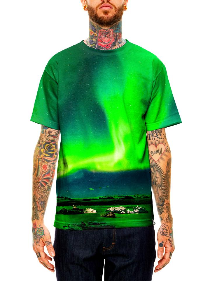 Model wearing GratefullyDyed Apparel green northern lights galaxy unisex t-shirt.