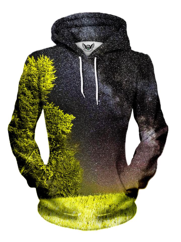 Women's front view of trippy forest galaxy for pullover hoodie.