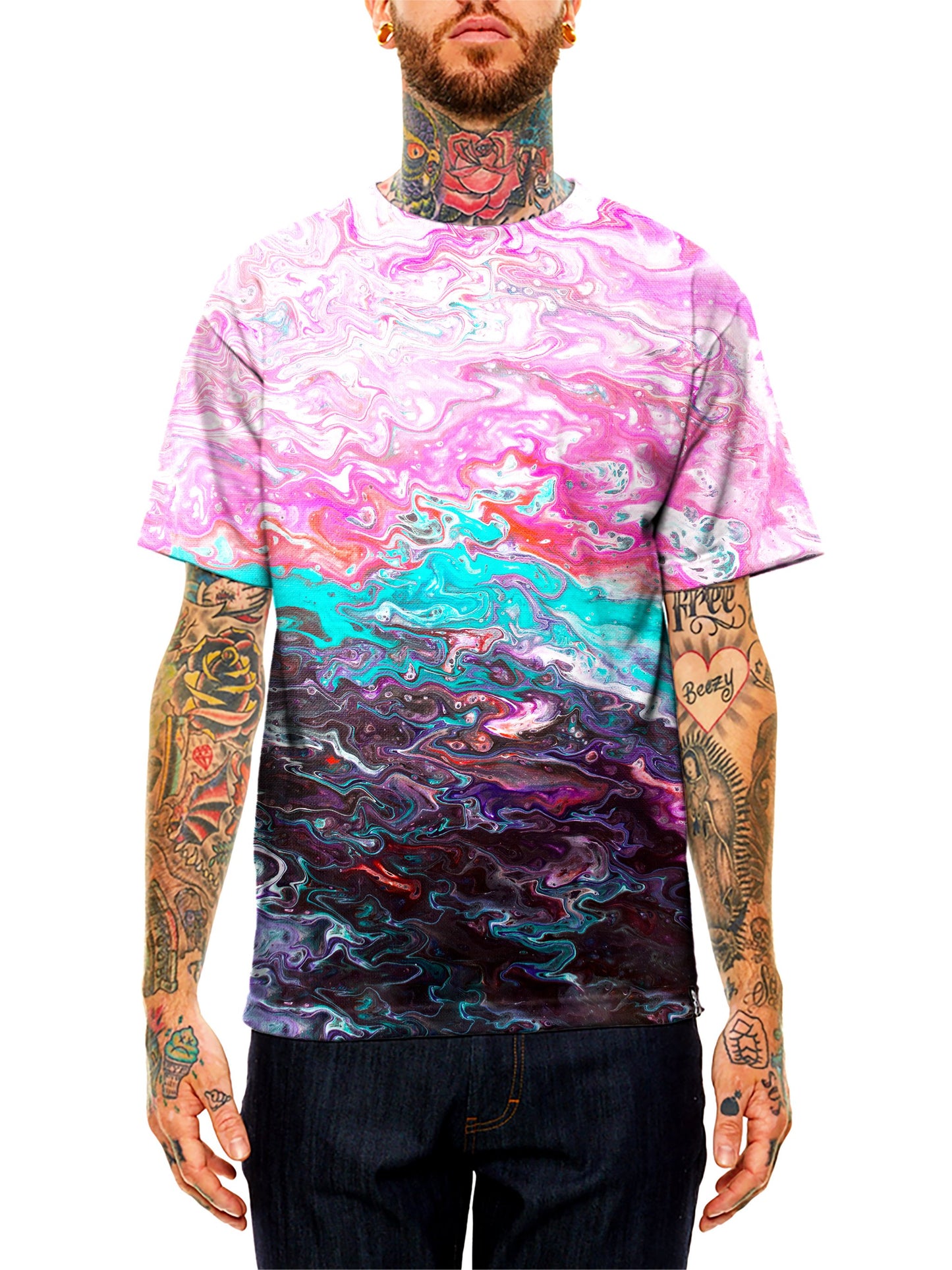 Model wearing GratefullyDyed Apparel pink, teal 7 black marbled paint unisex t-shirt.