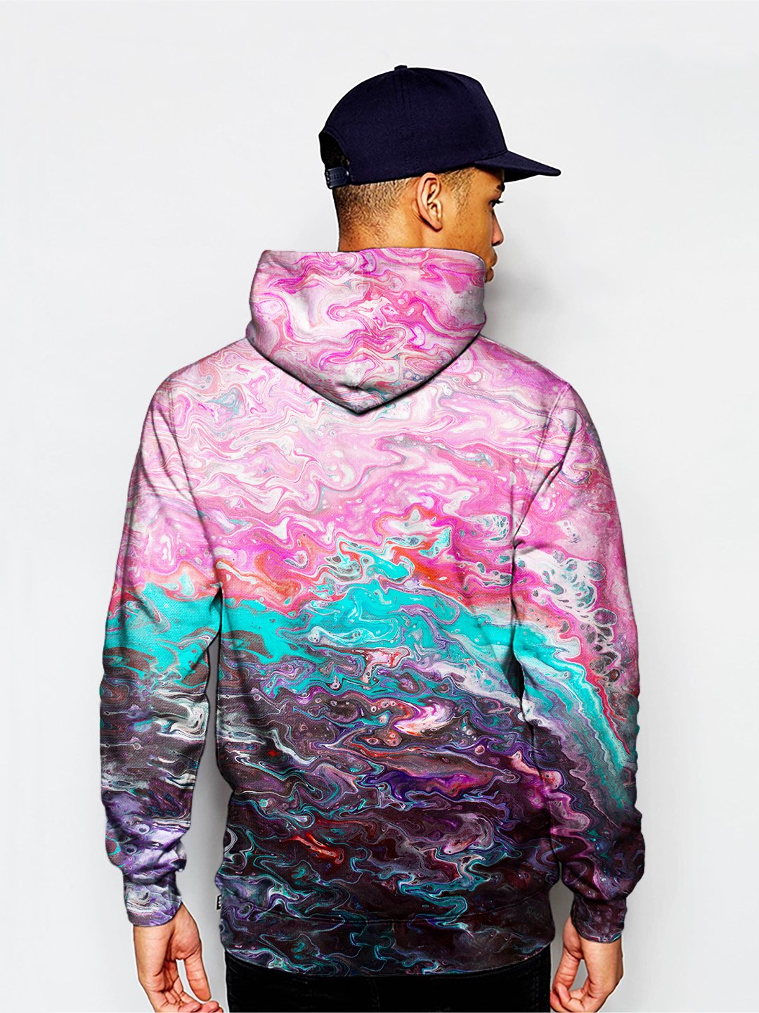 Model wearing GratefullyDyed Apparel psychedelic marbling hoodie.