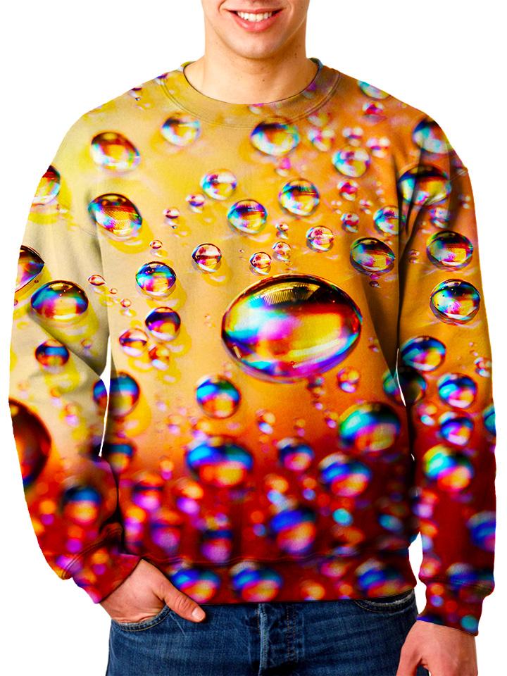 Model wearing Gratefully Dyed Apparel red, orange & rainbow bubbles unisex sweater. 