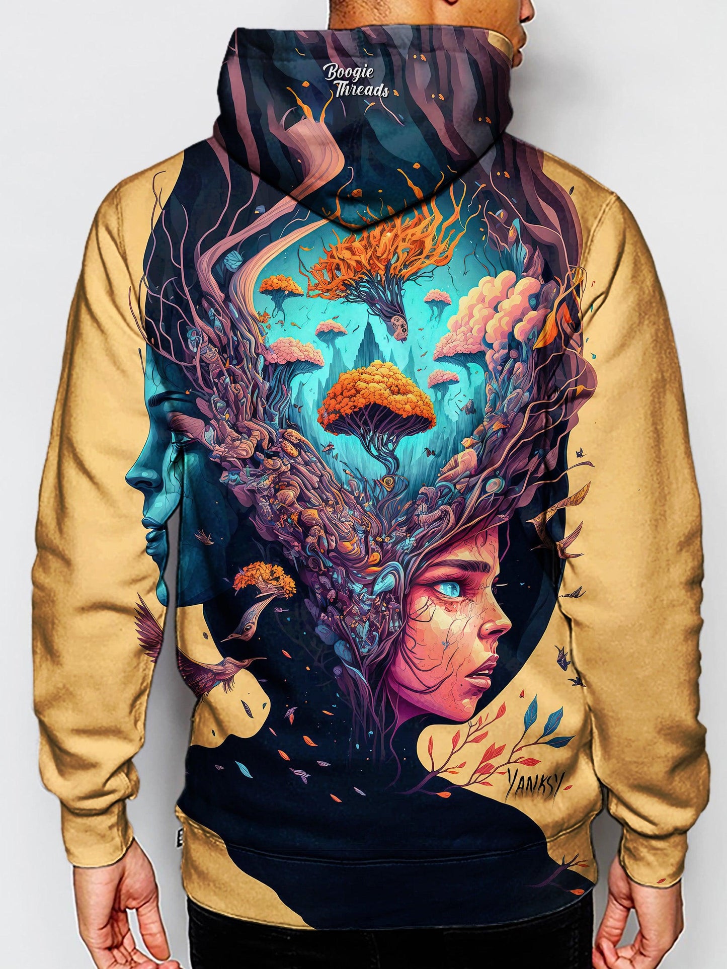 Get lost in the mesmerizing patterns and colors of this psychedelic sublimation pullover hoodie