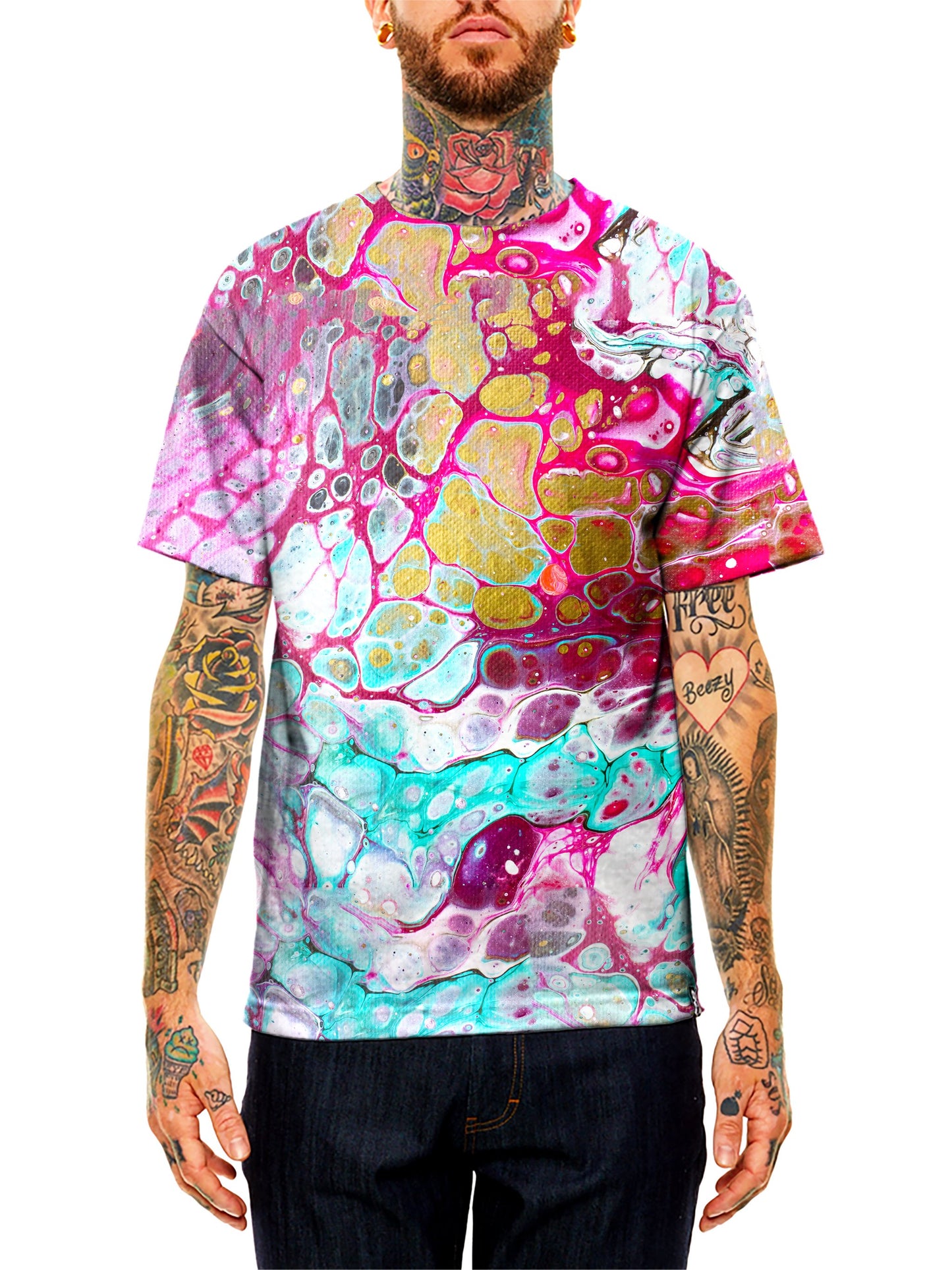 Model wearing GratefullyDyed Apparel gold, pink & teal marbled paint unisex t-shirt.