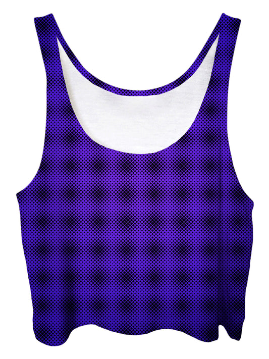 Trippy front view of GratefullyDyed Apparel royal purple ombre crop top.