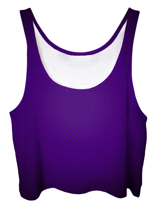 Trippy front view of GratefullyDyed Apparel royal purple ombre crop top.