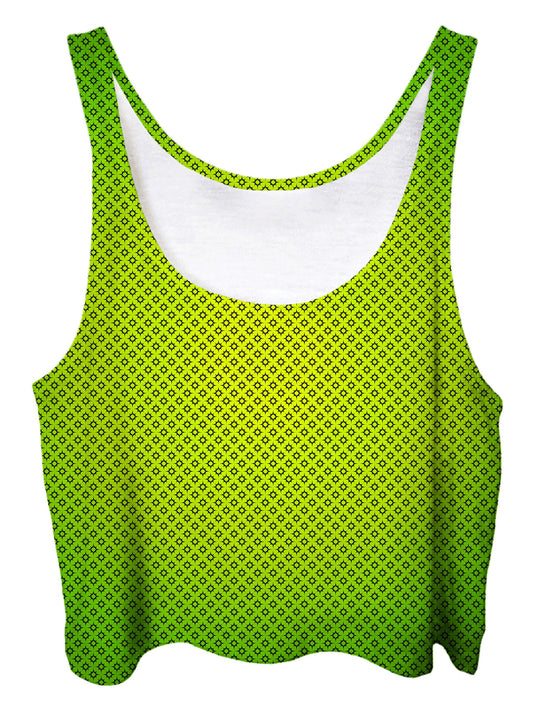 Trippy front view of GratefullyDyed Apparel spring green ombre crop top.