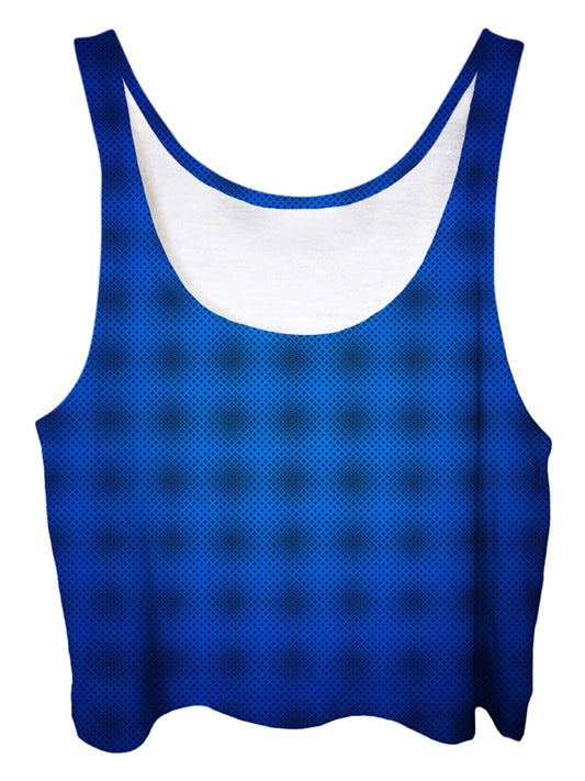 Trippy front view of GratefullyDyed Apparel royal blue ombre crop top.