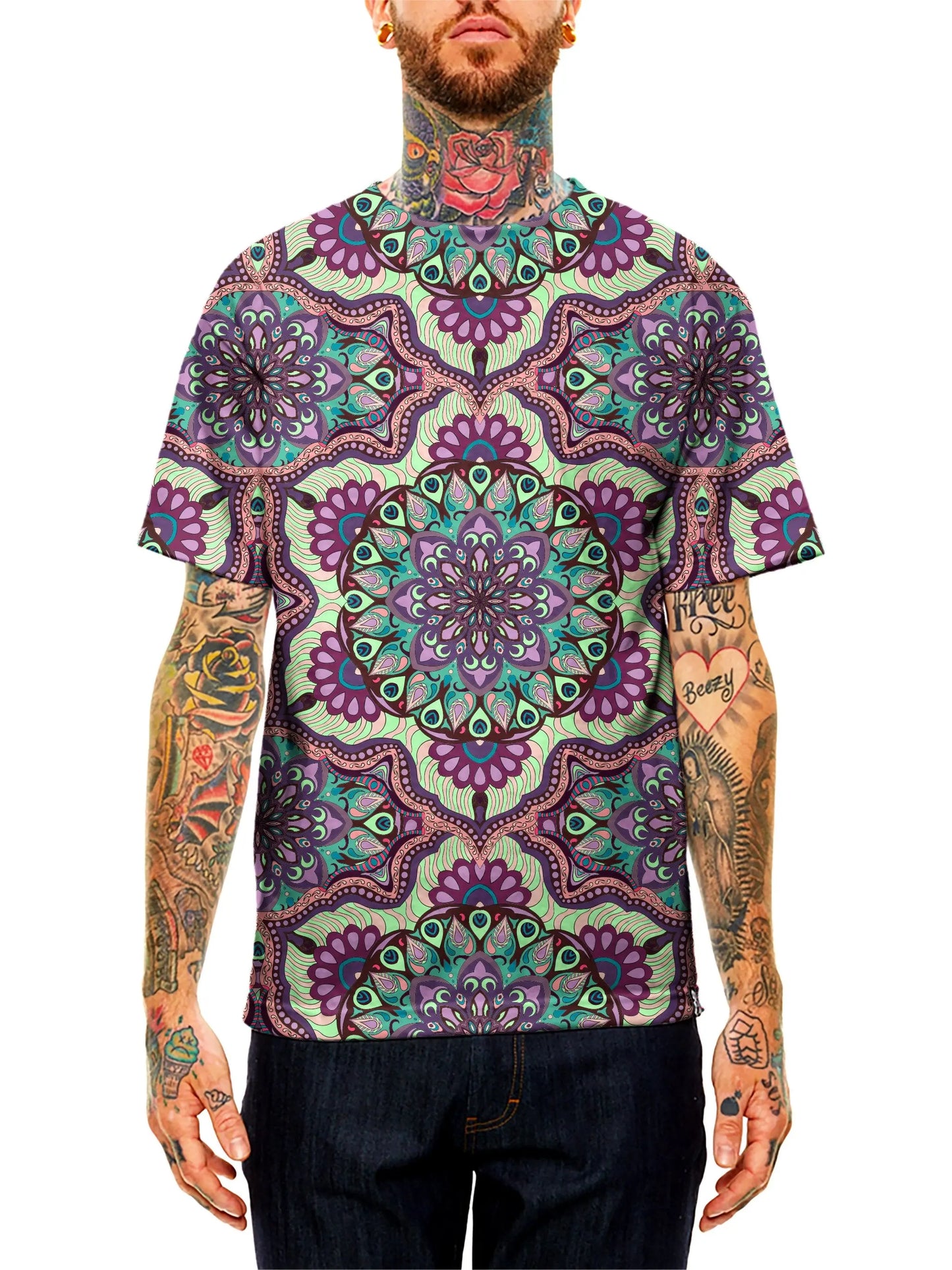 Model wearing GratefullyDyed Apparel purple, green & blue mandala unisex t-shirt.