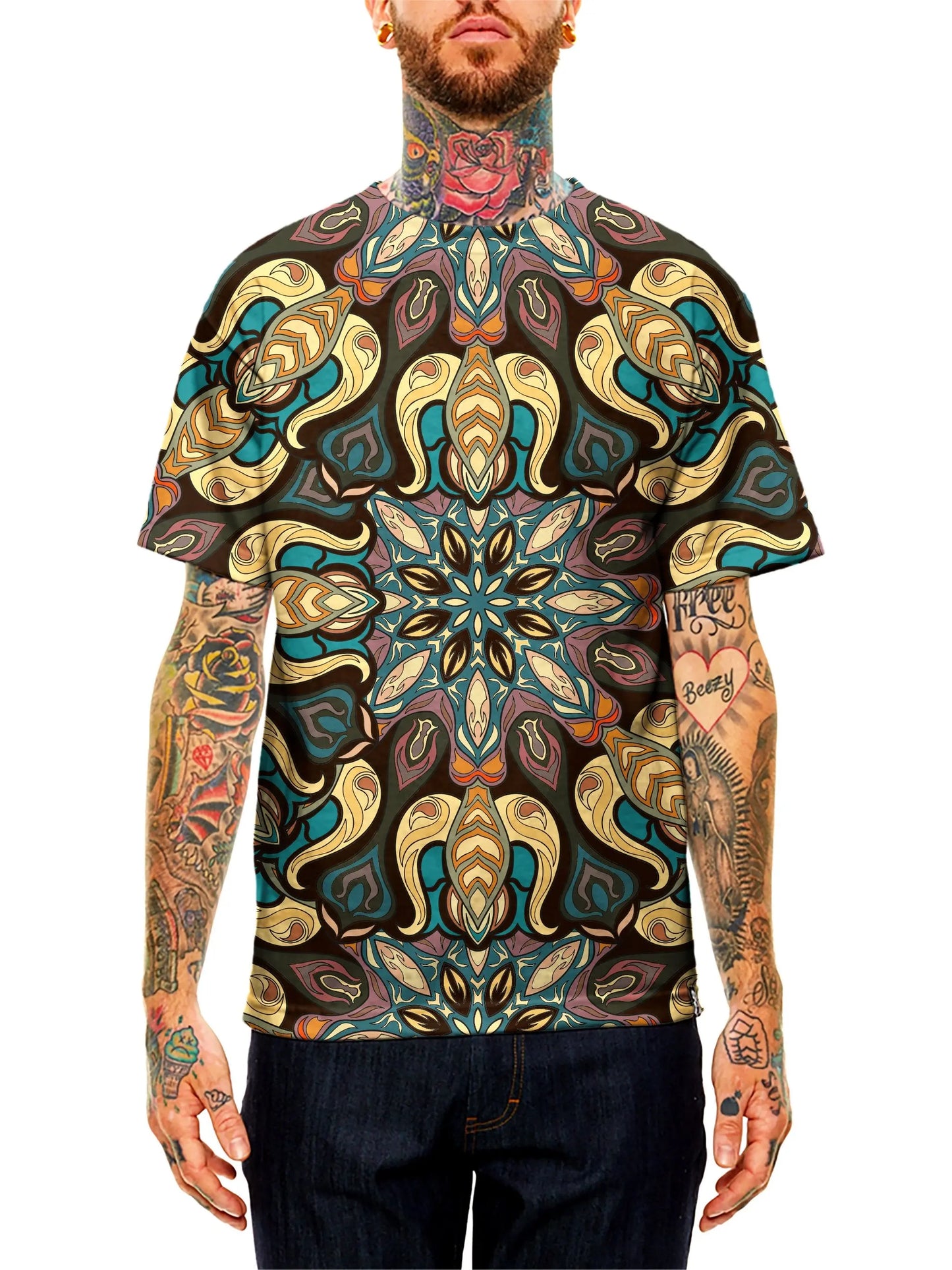 Model wearing GratefullyDyed Apparel purple, yellow & blue mandala unisex t-shirt.