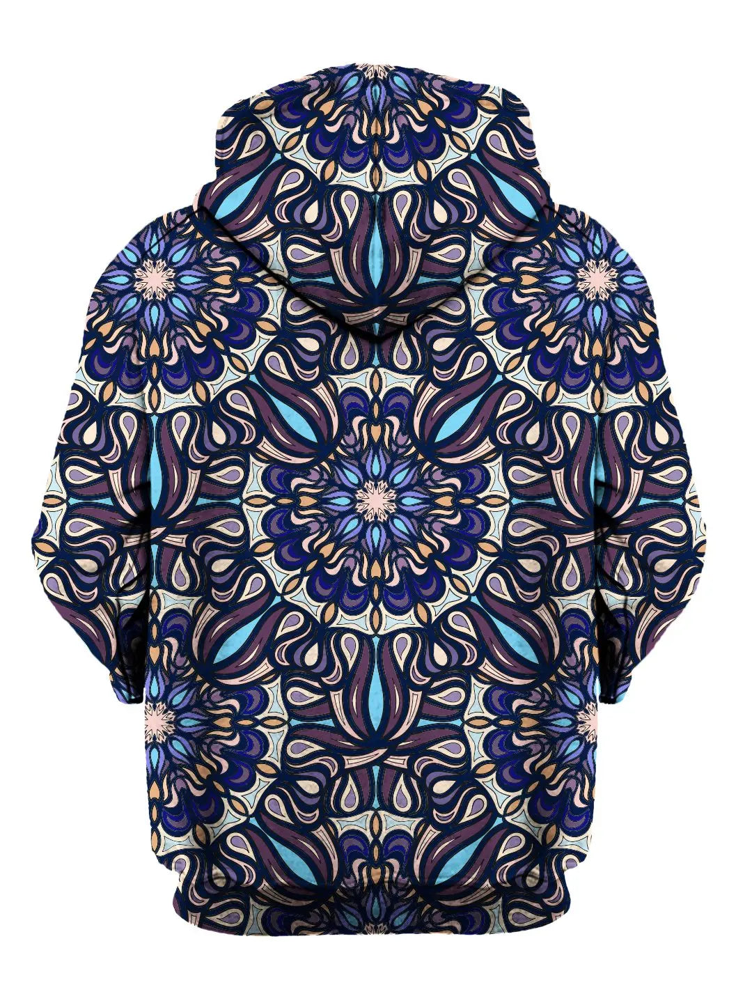 Rear of psychedelic blue, purple & orange mandala zip-up hoody. 