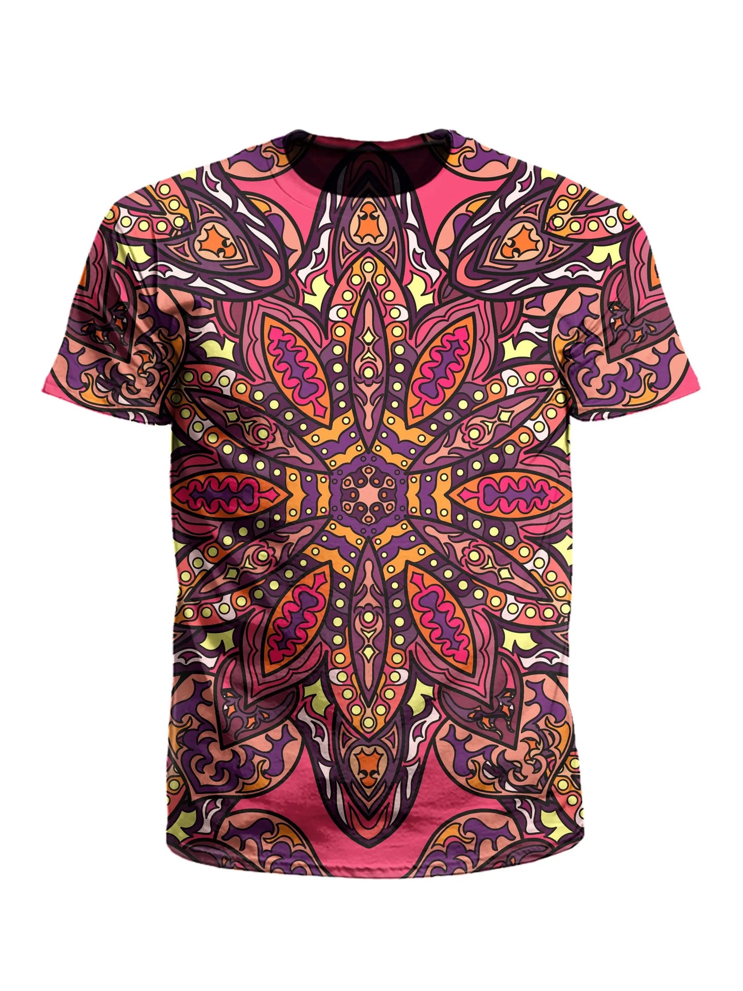 Men's pink, purple, orange & yellow mandala unisex t-shirt front view.