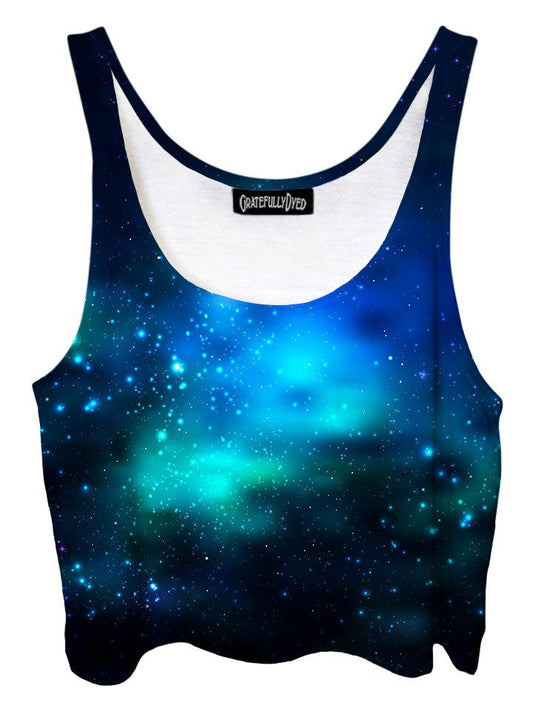 Trippy front view of GratefullyDyed Apparel blue & black galaxy crop top.