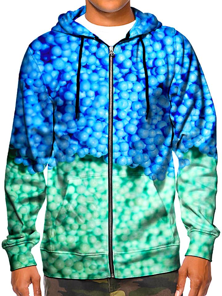 Model wearing GratefullyDyed Apparel all over print psychedelic Dippin' Dots foodie hoodie.