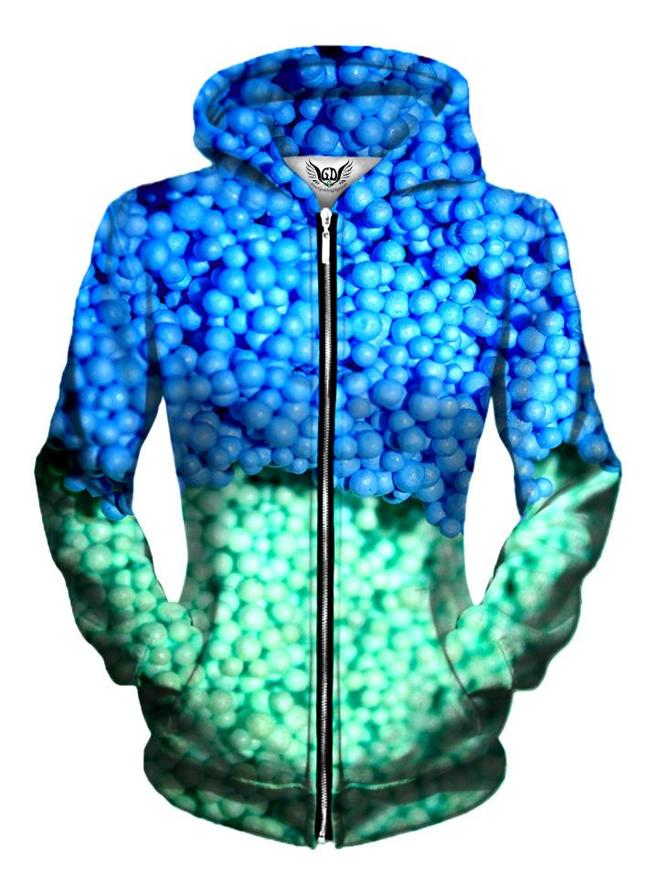 Front view of women's all over print dippin dots ice cream zip up hoody by Gratefully Dyed Apparel.