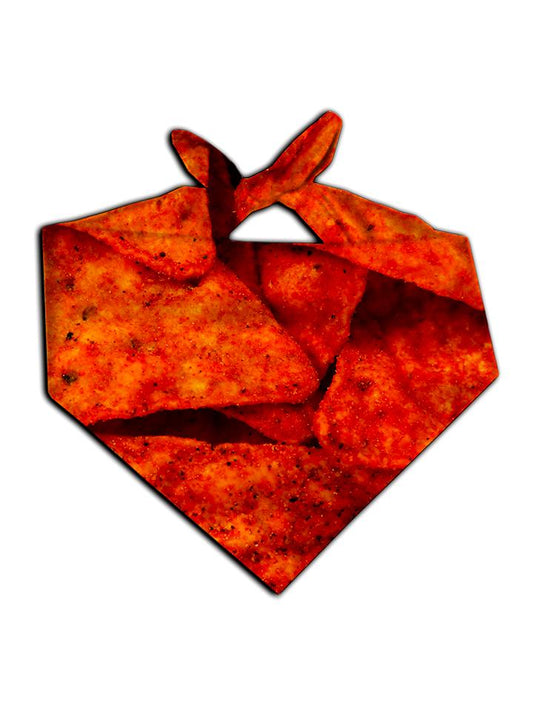 All over print red doritos bandana by GratefullyDyed Apparel tied neck scarf view.