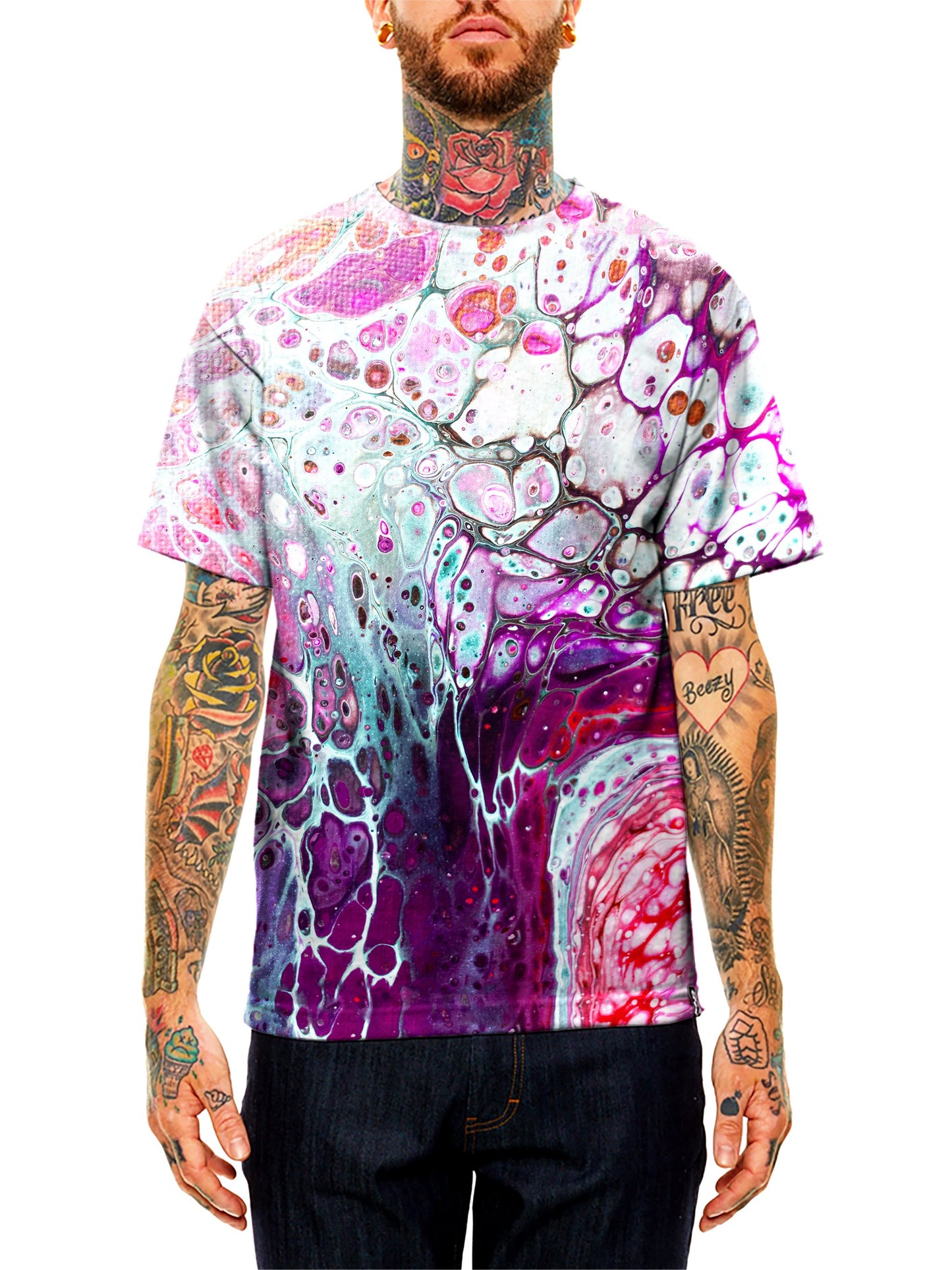 Model wearing GratefullyDyed Apparel pink, purple & blue marbled paint unisex t-shirt.
