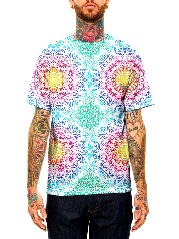 Model wearing GratefullyDyed Apparel rainbow paisley mandala unisex t-shirt.