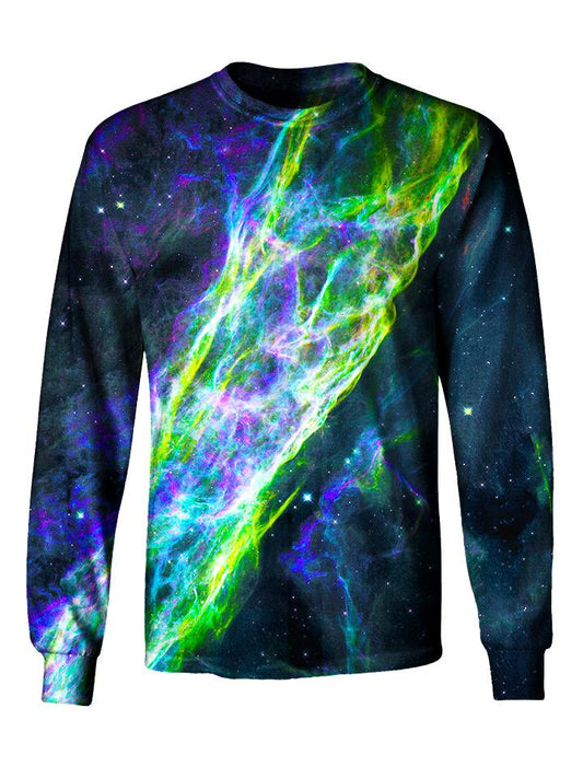 Gratefully Dyed Apparel neon green, purple & black nebula galaxy unisex long sleeve front view.