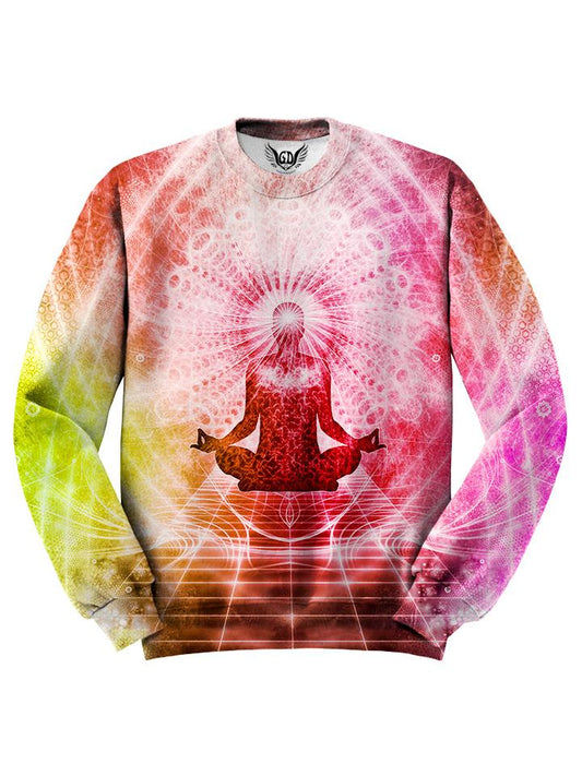 All over print pink, orange & yellow lotus pose chakra unisex sweater by GratefullyDyed Apparel front view.