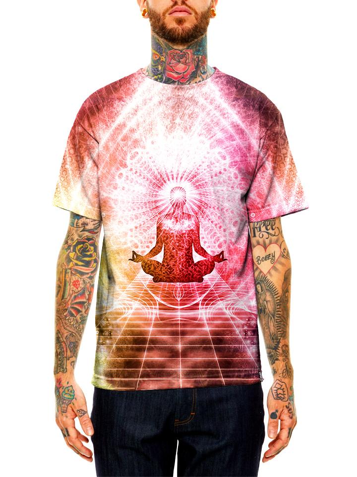 Model wearing GratefullyDyed Apparel pink, orange & yellow lotus pose chakra unisex t-shirt.