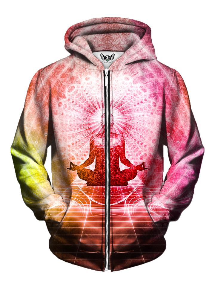Men's pink, orange & yellow chakra visionary art zip-up hoodie front view.