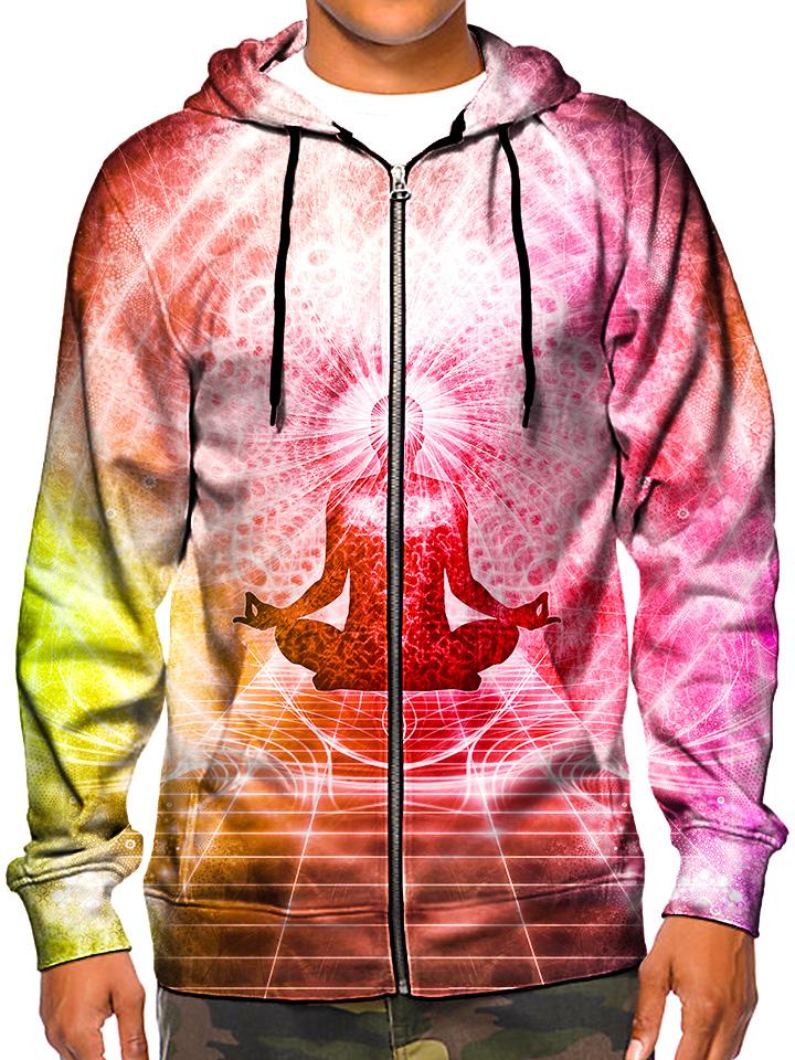 Model wearing GratefullyDyed Apparel psychedelic pink, orange & yellow chakra zip-up hoodie.