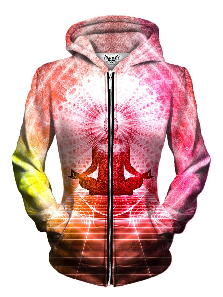 Front view of women's all over print visionary art zip up hoody by Gratefully Dyed Apparel.