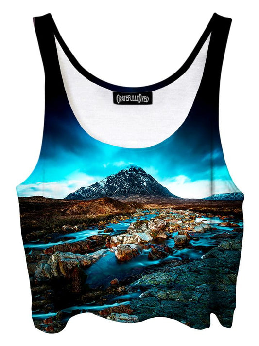 Trippy front view of GratefullyDyed Apparel blue & brown mountain river crop top.