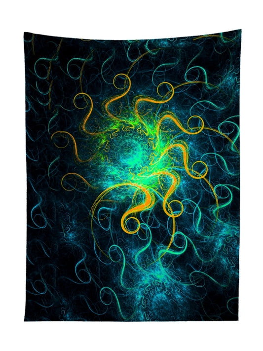 Vertical hanging view of all over print blue, green & orange mandala tapestry by GratefullyDyed Apparel.