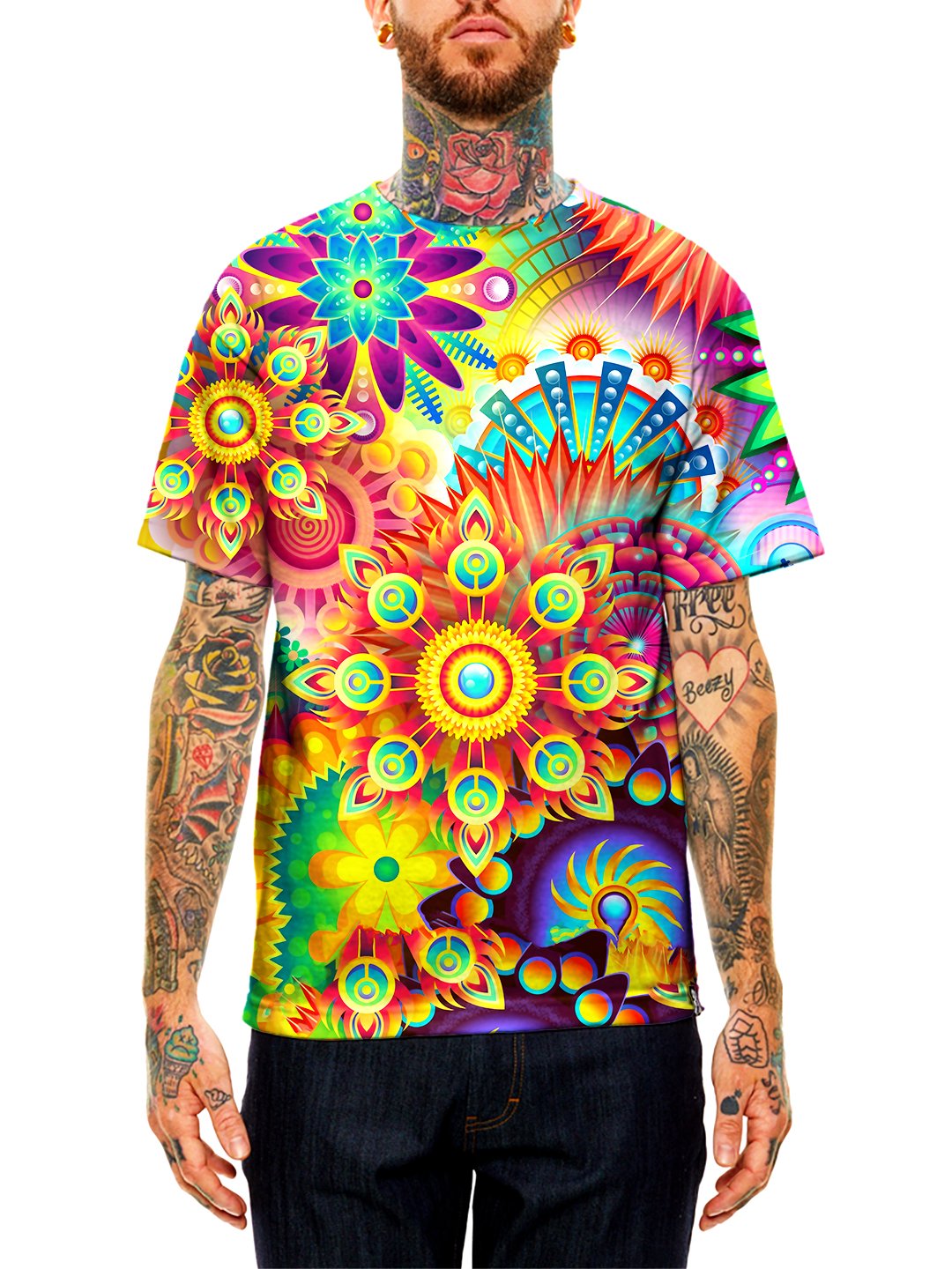 Model wearing GratefullyDyed Apparel rainbow mandala unisex t-shirt.