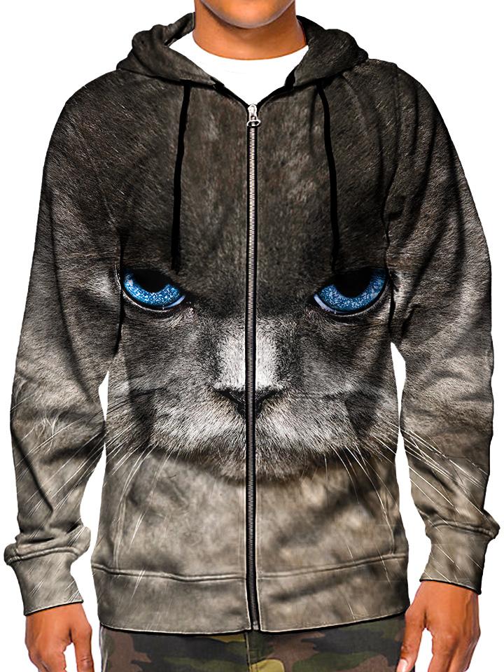 Model wearing GratefullyDyed Apparel trippy kitty cat animal zip-up hoodie.