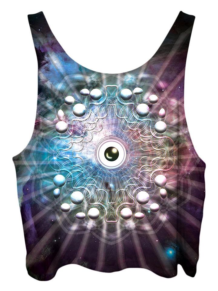 All over print psychedelic sacred geometry cropped top by Gratefully Dyed Apparel back view.