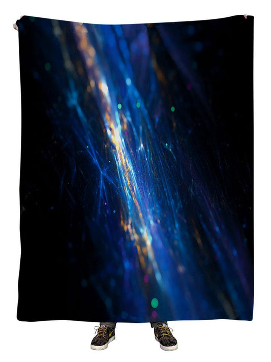 Hanging view of all over print blue fiber optic galaxy blanket by GratefullyDyed Apparel.