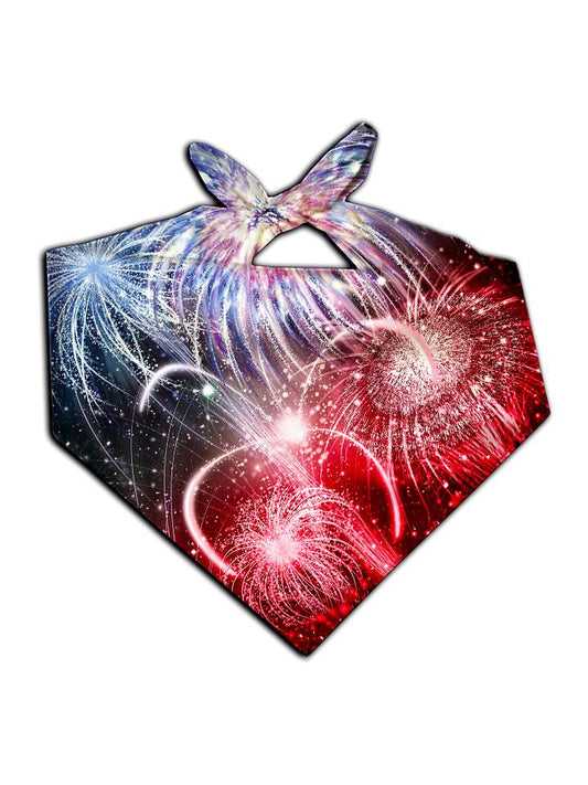 All over print red, white & blue fireworks bandana by GratefullyDyed Apparel tied neck scarf view.