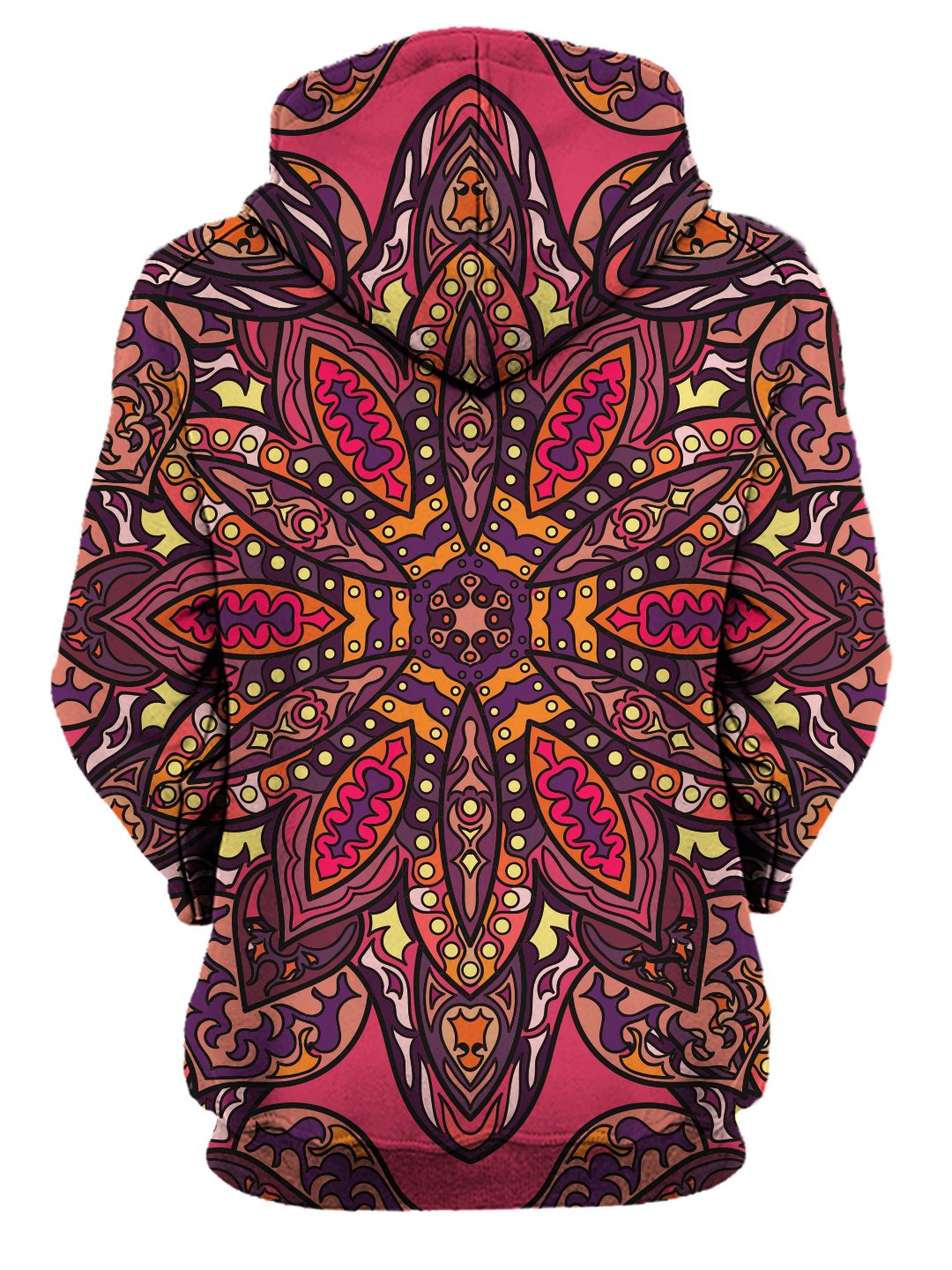 Rear of women's all over print pink, purple, orange & yellow psychedelic mandala hoody.
