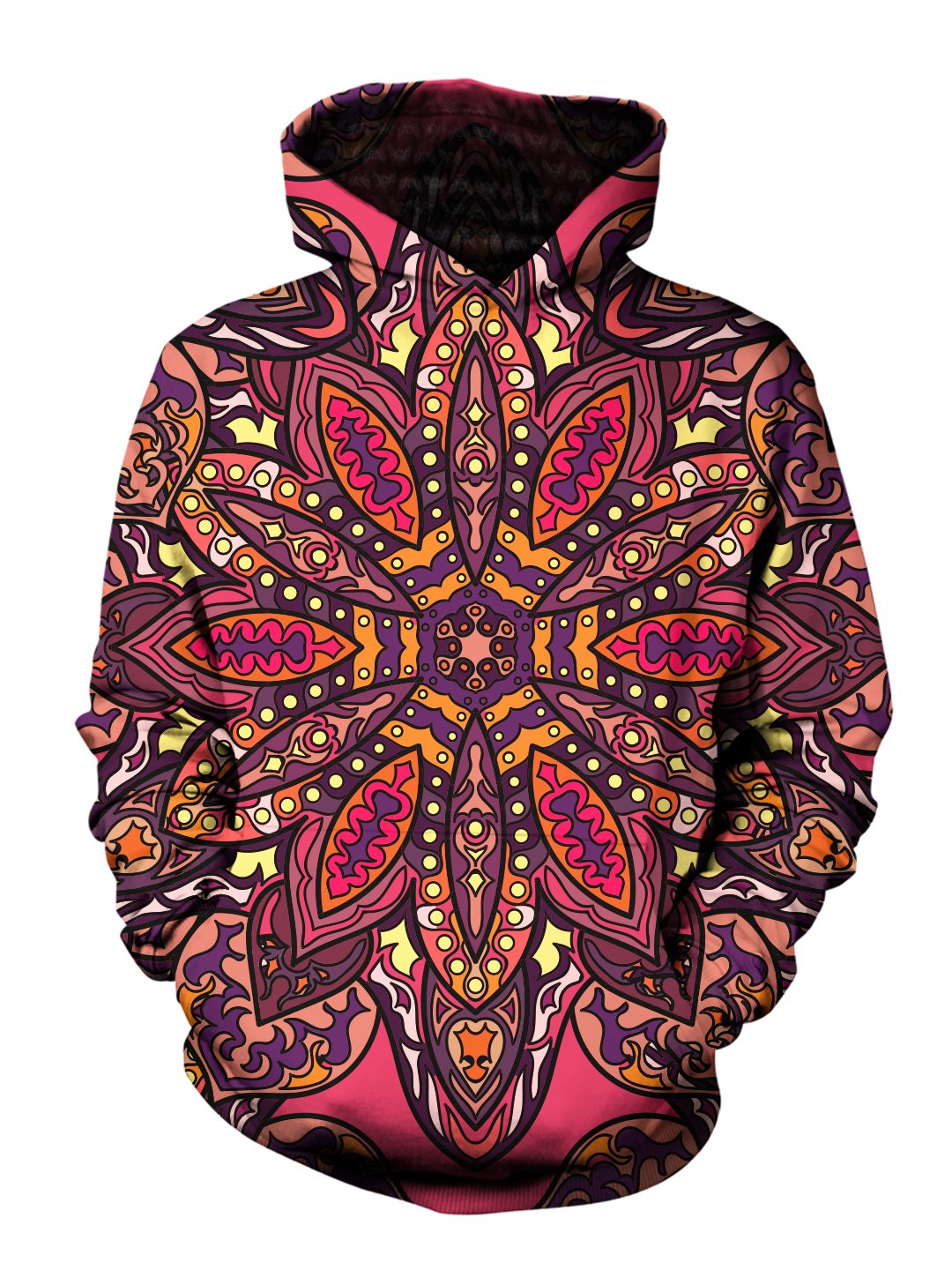 Men's pink, purple, orange & yellow flower mandala pullover hoodie front view.
