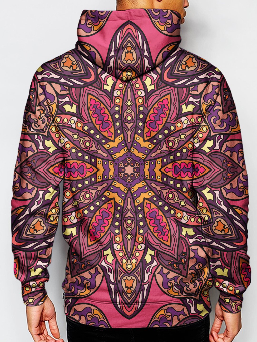 Model wearing GratefullyDyed Apparel psychedelic sacred geometry pullover hoodie.
