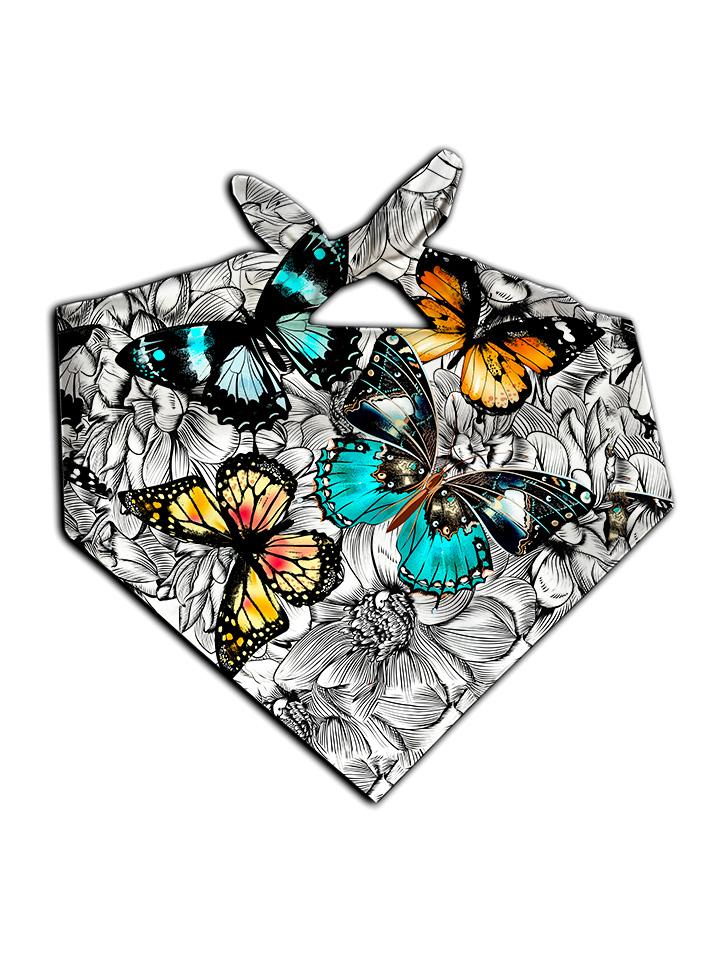 All over print black, white, blue & orange floral butterfly bandana by GratefullyDyed Apparel tied neck scarf view.