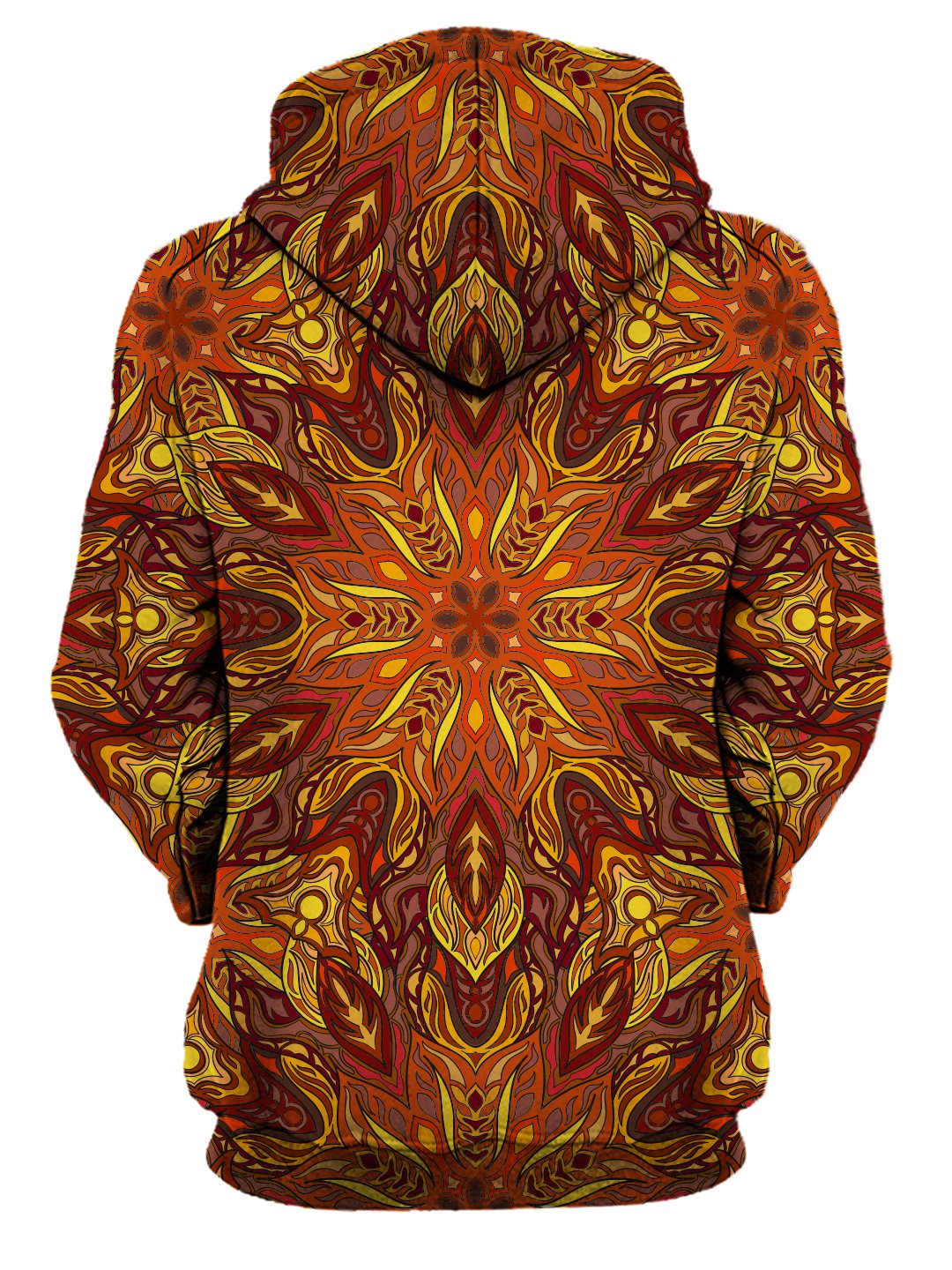 Rear of women's all over print orange psychedelic mandala hoody.