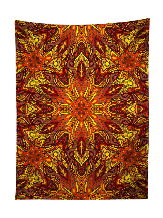 Vertical hanging view of all over print red, orange & yellow mandala tapestry by GratefullyDyed Apparel.