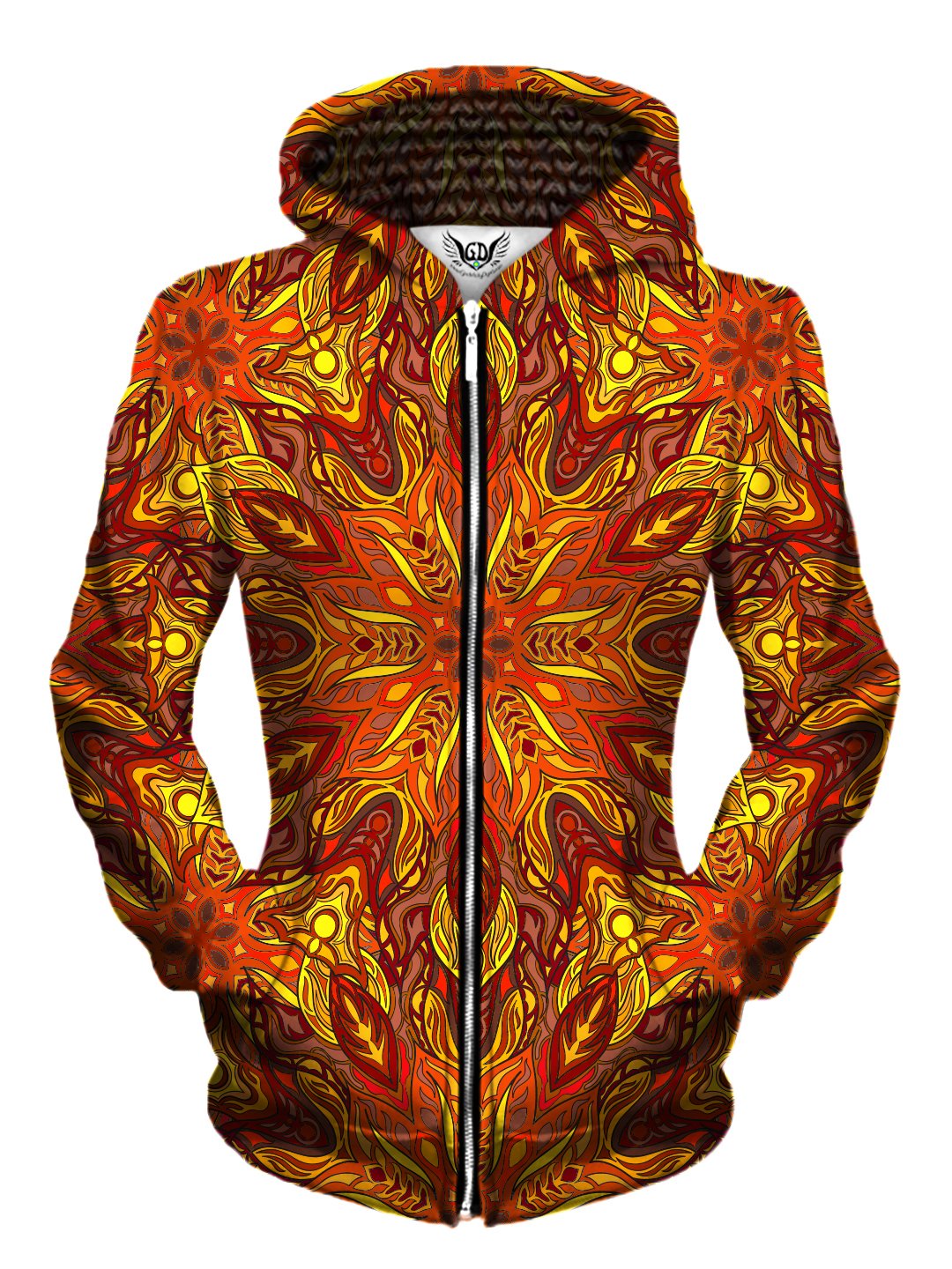 Front view of women's all over print sacred geometry zip up hoody by Gratefully Dyed Apparel.