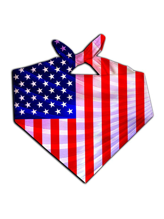 All over print red, white & blue american flag fractal bandana by GratefullyDyed Apparel tied neck scarf view.