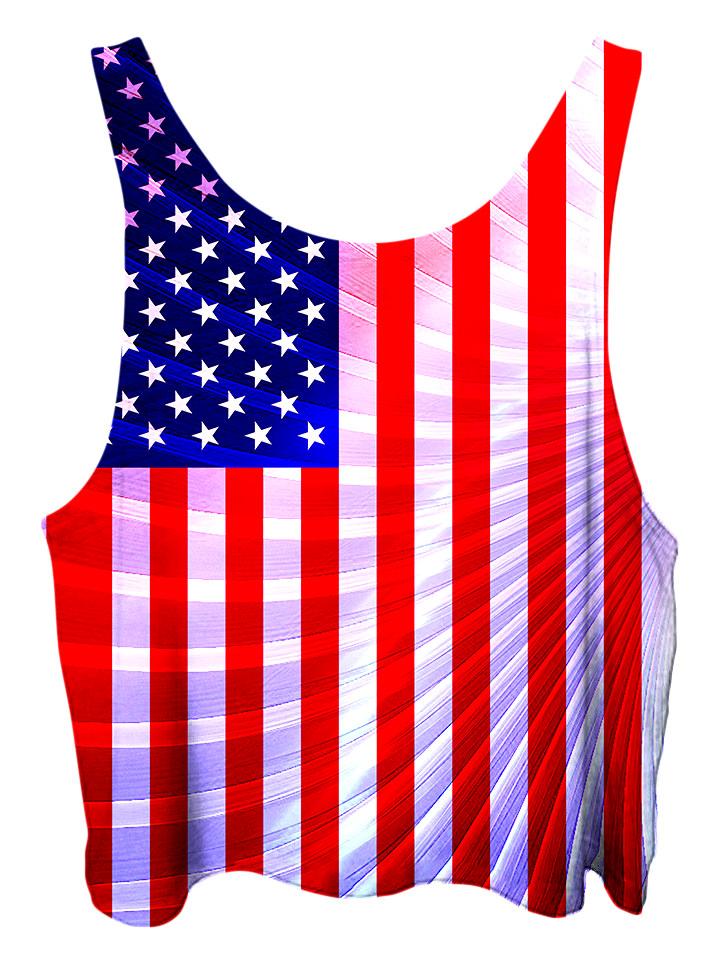 All over print psychedelic sacred geometry 4th of July cropped top by Gratefully Dyed Apparel back view.