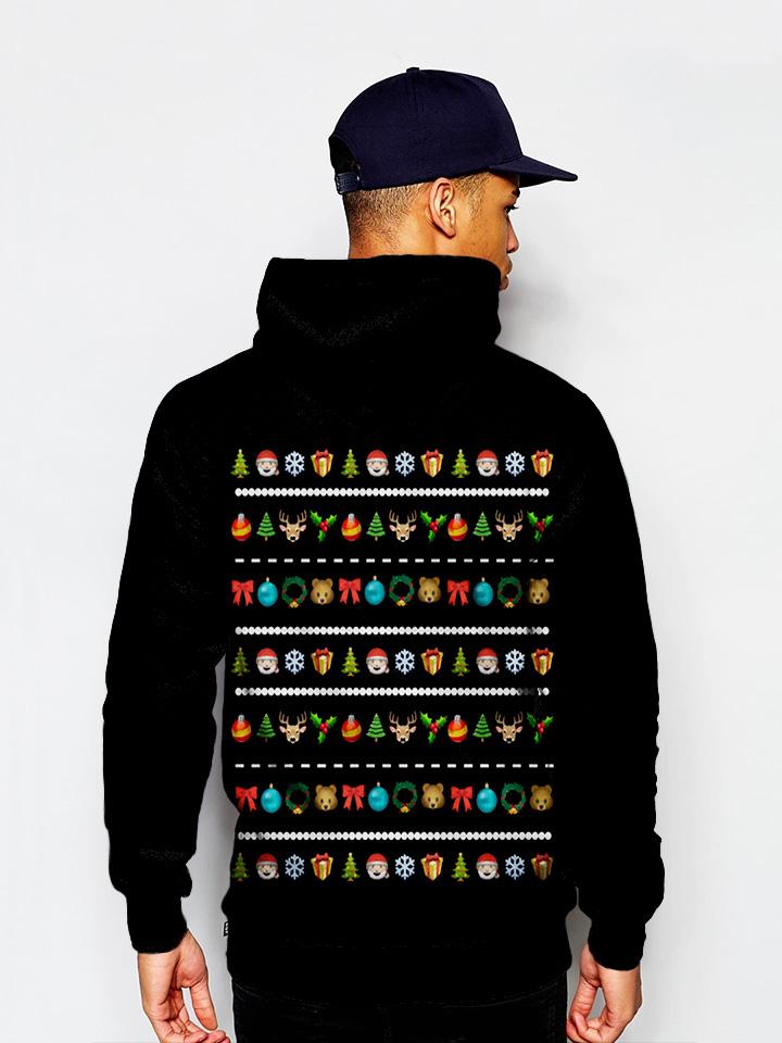 Model In Festive Emoji Christmas Pullover Hoodie Back View