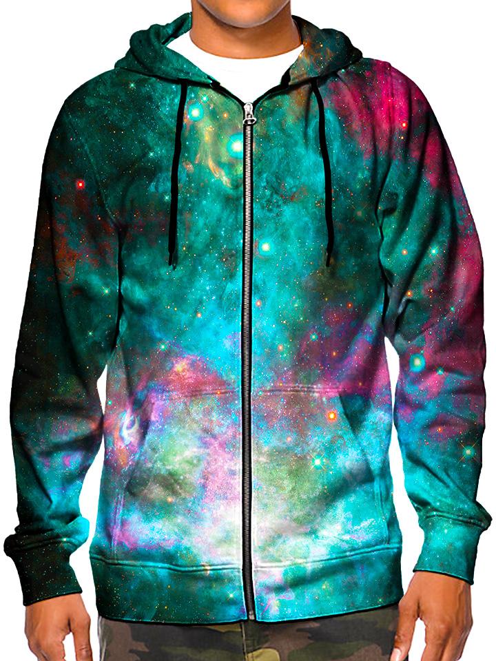 Model wearing GratefullyDyed Apparel psychedelic teal & pink zip-up hoodie.