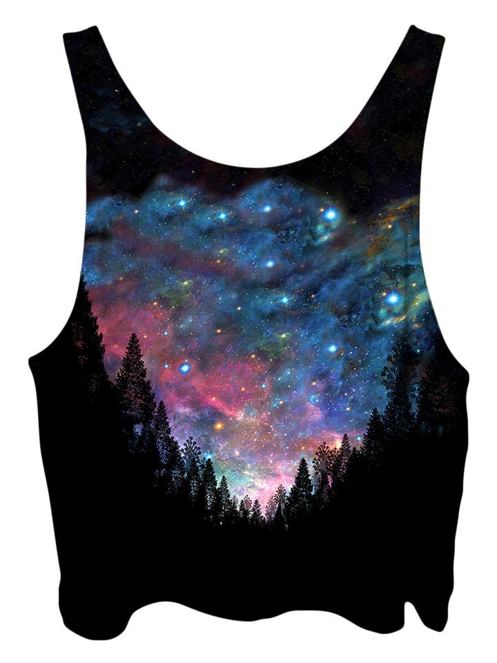 All over print psychedelic space nature cropped top by Gratefully Dyed Apparel back view.