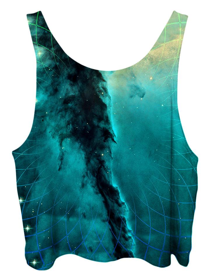 All over print psychedelic sacred geometry space cropped top by Gratefully Dyed Apparel back view.