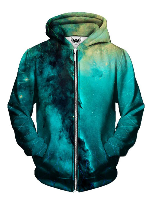 Men's teal & gold sacred geometry galaxy zip-up hoodie front view.