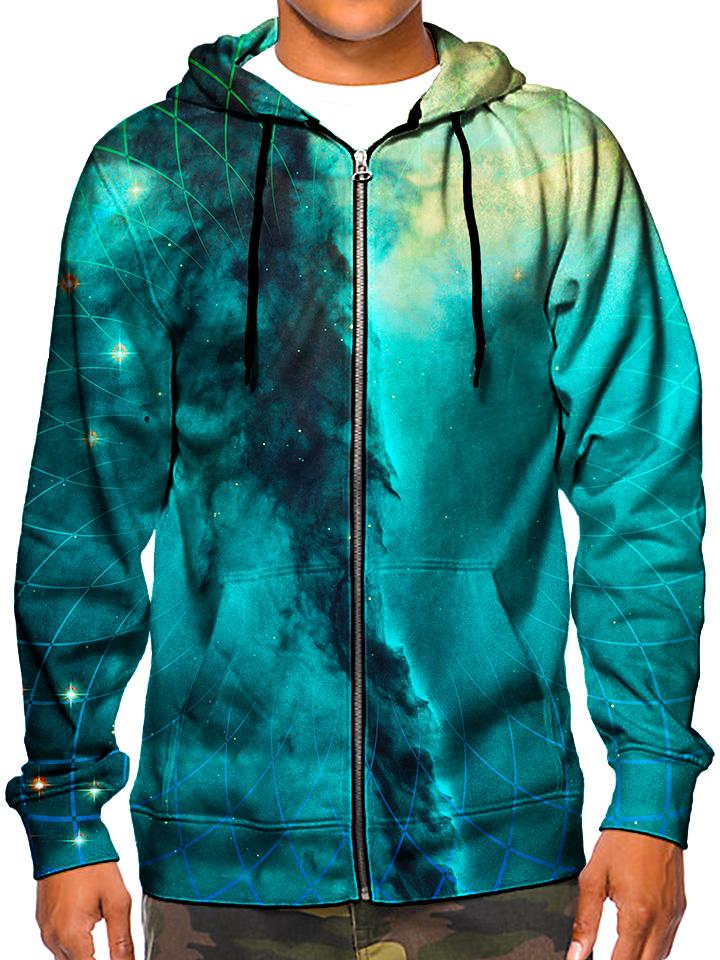 Model wearing GratefullyDyed Apparel psychedelic teal & gold sacred geometry galaxy zip-up hoodie.