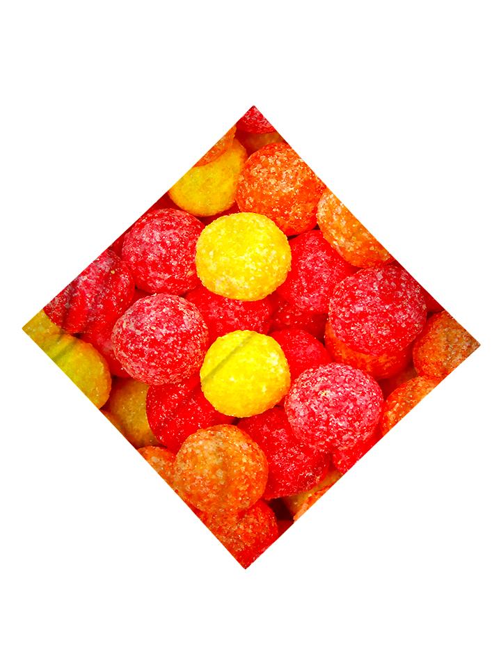 Trippy Gratefully Dyed Apparel red, orange & yellow gum drop bandana flat view.